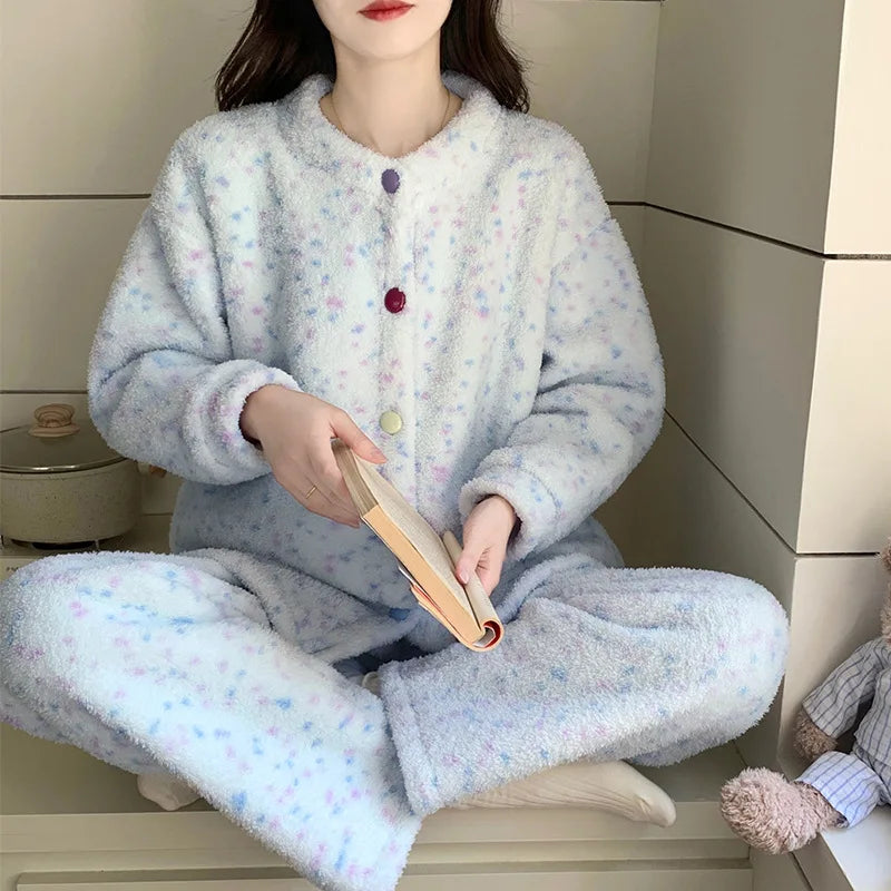 Pijama Mujer Invierno Korean Flannel Winter Pajamas For Women Thick Hot Velvet Sleepwear Set Casual Warm Women's Home Clothes