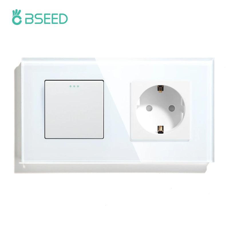 BSEED EU Standard Wall Button Switch 1/2/3Gang 1Way Wall Power Socket Glass Frame Mechanical Switches Home Improvement