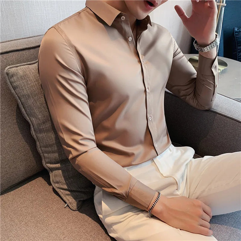 2026 New Men's Dark Green Slim-Fit Long Sleeve Shirt, Fashion Casual Business Top for Man in Black/White