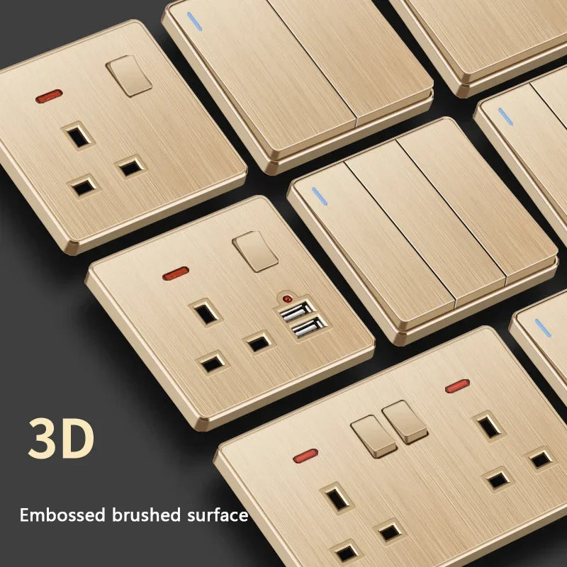 Gold Universal 3/5Pin Plastic Power Socket,UK Wall Outlet With 2.1A Dual USB Port,220V Electrical 2way Switch TV Computer CAT6
