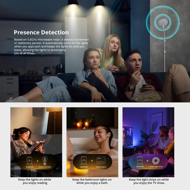 SONOFF SNZB-06P Zigbee Human Presence Sensor Light Sensing Microwave Radar Smart Home via ZBBridge-P eWeLink Alice Alexa Google