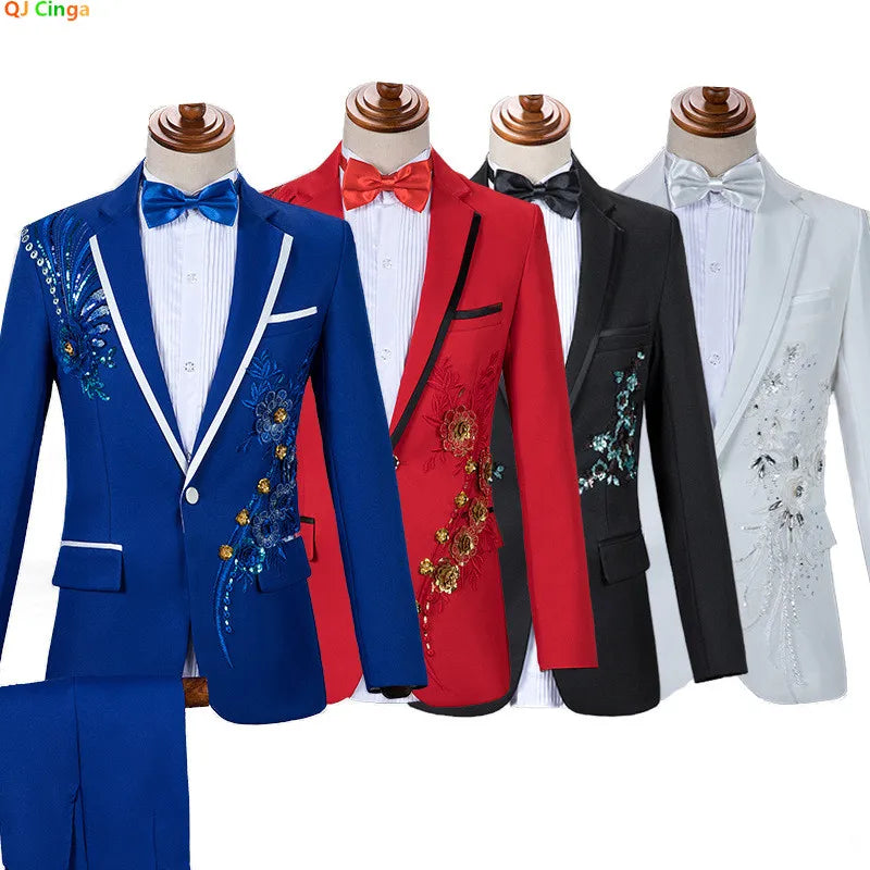 2026 New Men's Red Two-Piece Suit: Embroidered Jacket Paired with Matching Trousers, Perfect for Weddings, Parties, Performances