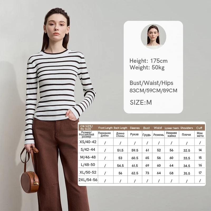 AMII Minimalism Women's Sweater 2026 Autumn New Office O-Neck Pullovers Knitt Sweaters Long Sleeves Women's Strip Tops 12523134