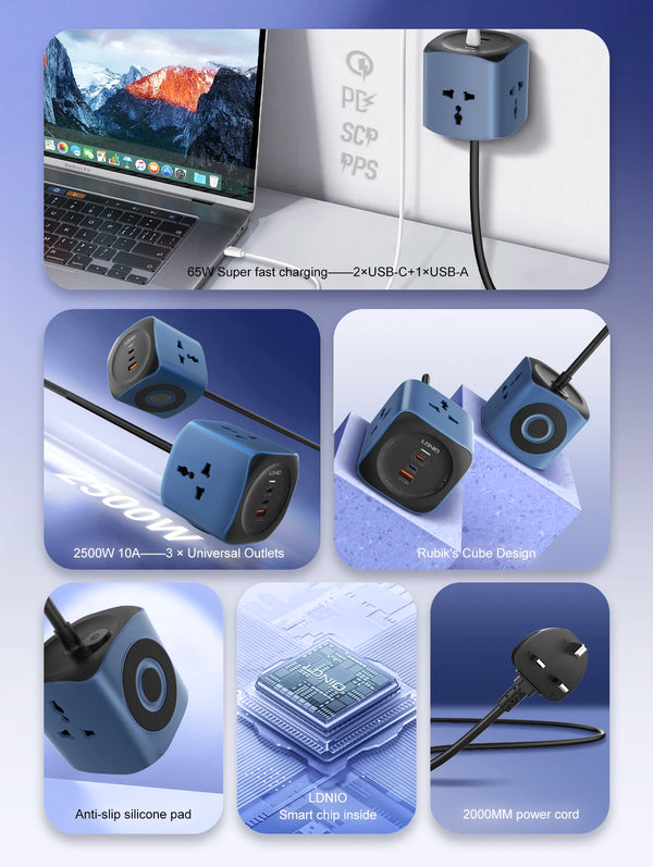 បន្ទះ ភ្លើង Cube LDNIO 65W ស្ថានីយ សាក ថ្ម ខ្សែ ភ្លើង បន្ថែម 2M ឌុយ EU UK US អាដាប់ទ័រ USB C រន្ធ ការពារ ចរន្ត ភ្លើង ឡើង ចុះ