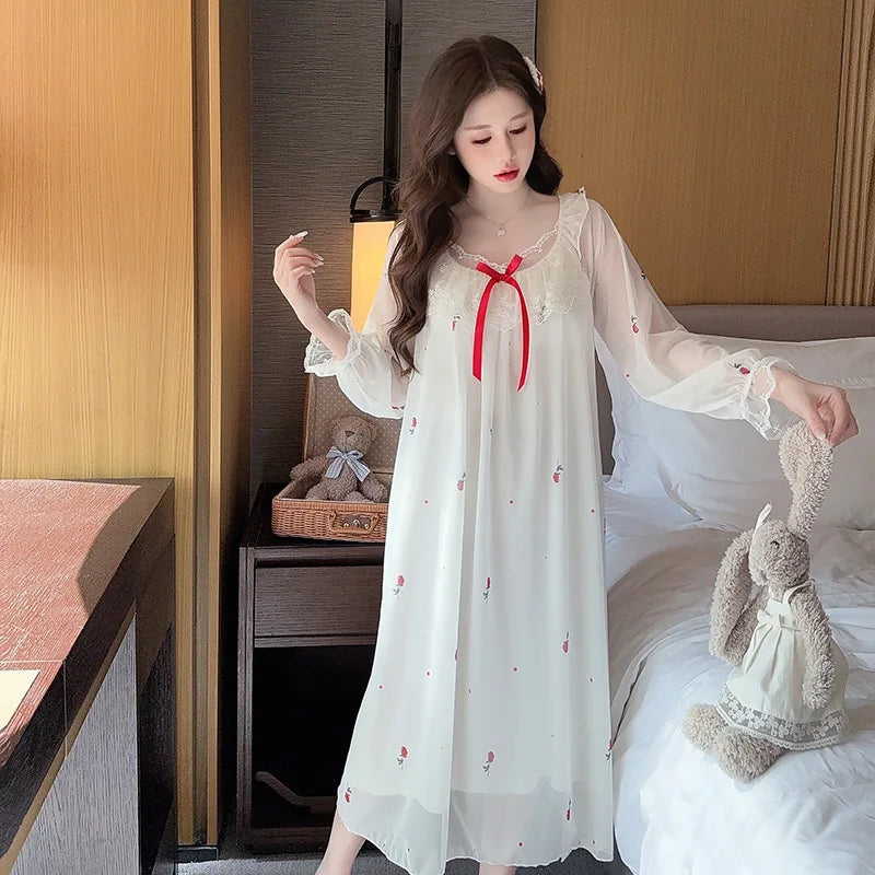 Spring Summer Long Sleeved Night Dress Woman Modal Lace Mesh Princess Nightgown Sleepwear Women's Nightie Korean Sleep Shirts