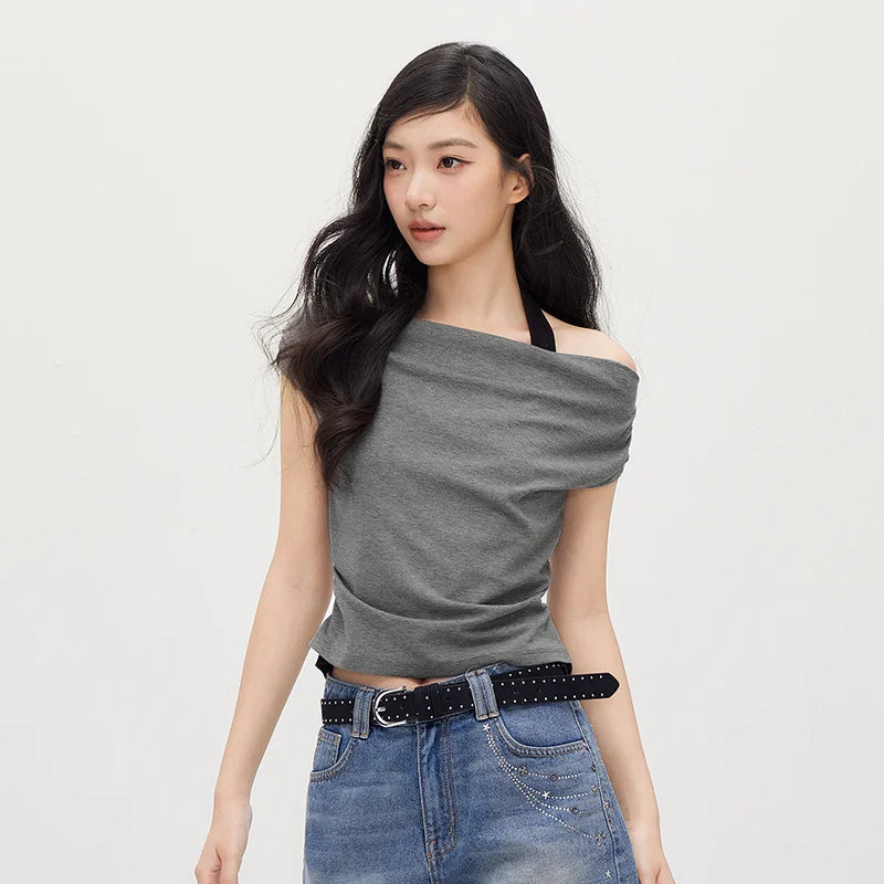 Semir Women Tshirt Short Length Halter Neck Draped Collar Fake Two Piece Slim Fit Stylish 2026 Summer Fashion Casual Top