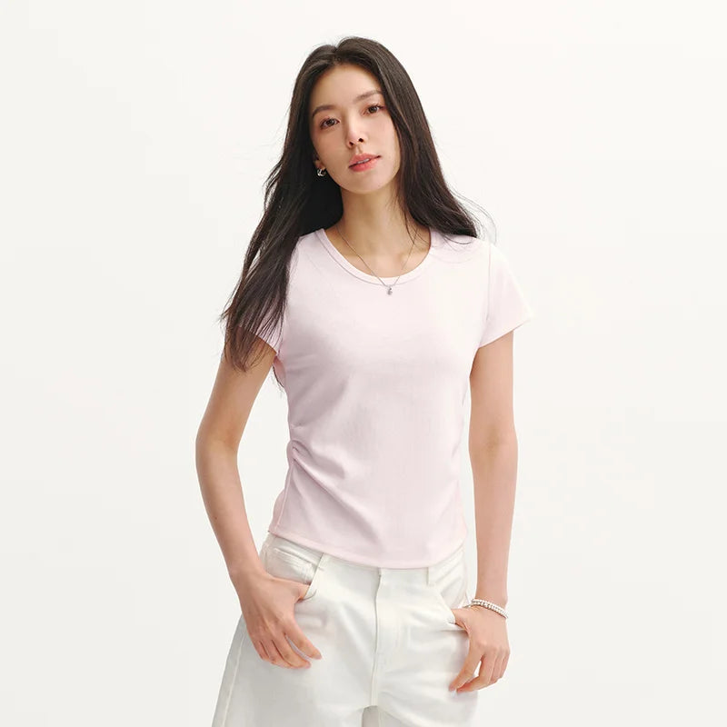 Semir Womens Tshirt 2026 Short U Neck Regular Shoulder Ruched Slim Embroidered Knitted