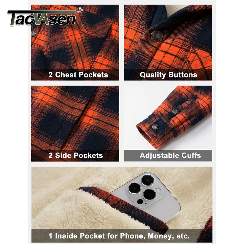 TACVASEN Mens Sherpa Lined Flannel Hoodies Jacket Heavyweight Hooded Fleece Thicken Warm Button Down Plaid Jacket Outwear Coats