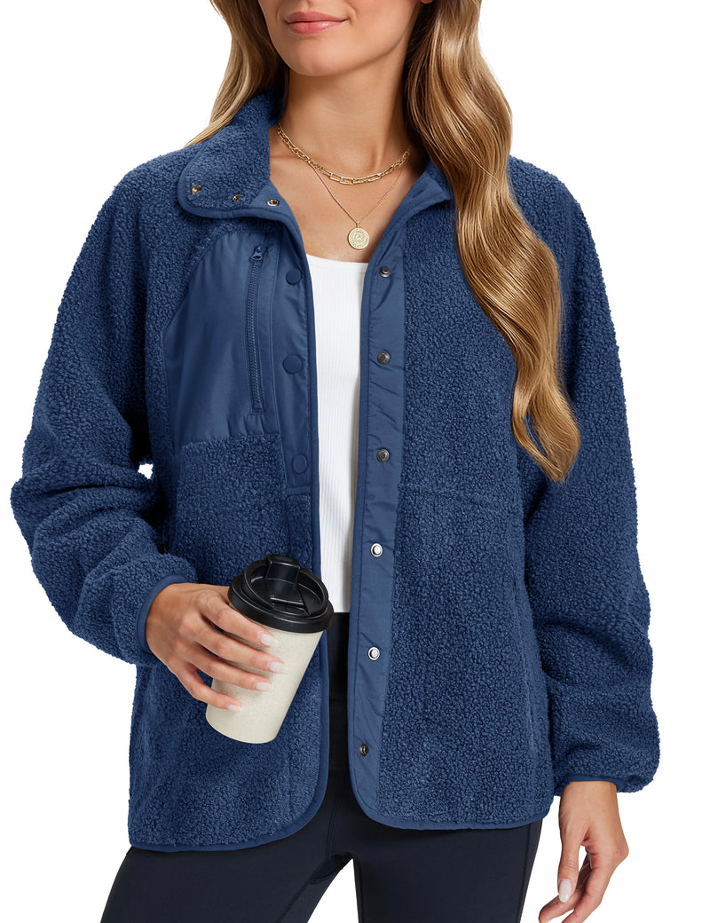 TACVASEN Women's Stand Collar Sherpa Fleece Jacket Winter Warm Lightweight Fuzzy Button Down Coat 3 Zipper Pockets Casual Jacket