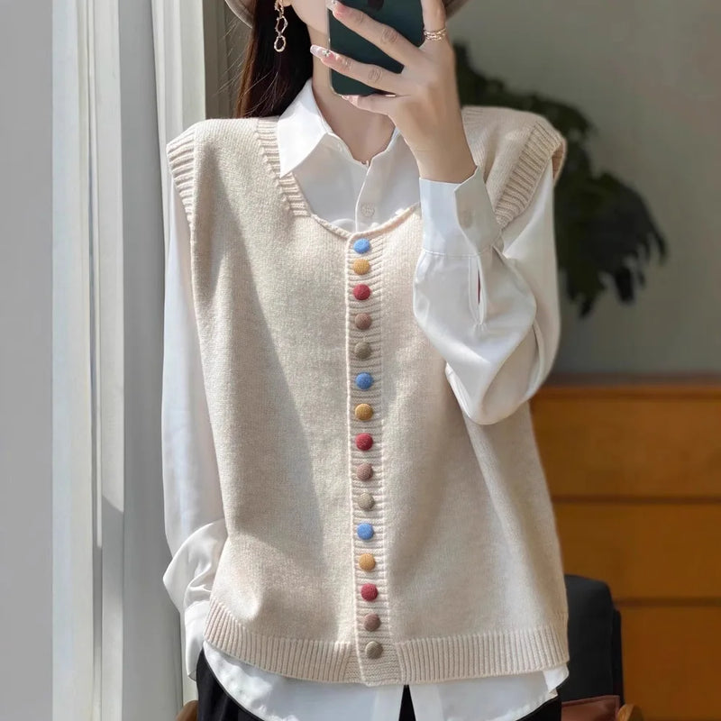 Retro Button Crew Neck Knitted Vest Cardigan Women's Sleeveless Sweater Stack Wear Versatile Top Ladies Spring Autumn Jacket