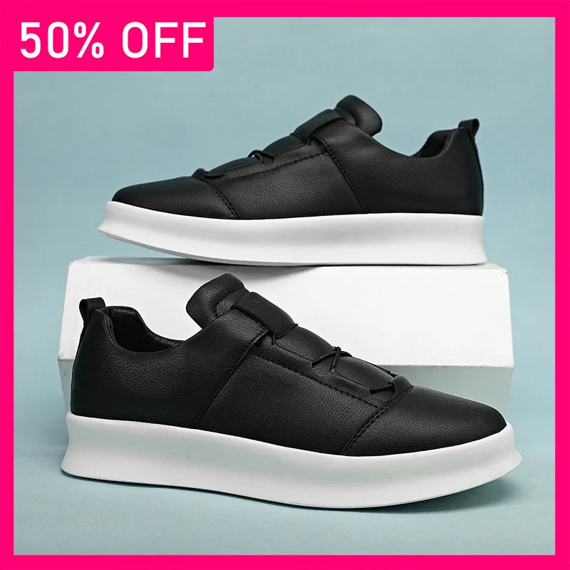 Mens Board Shoes New Low Cut Leather Lace Up Casual Shoes Anti Slip Soft Sole Cosy Breathe Versatile Commuting White Sneakers