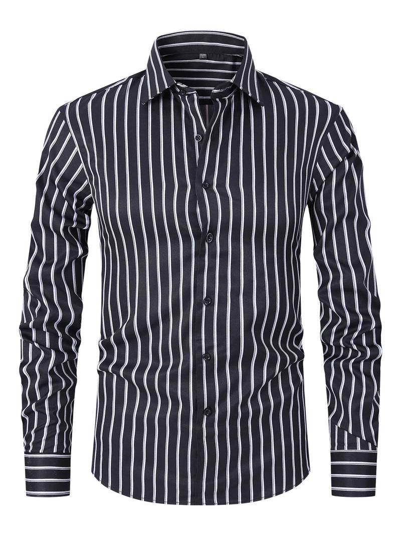 2026 Men's Pink Long-Sleeve Striped Shirt, White Single-Breasted Lapel Shirts, Available in Black or Blue.