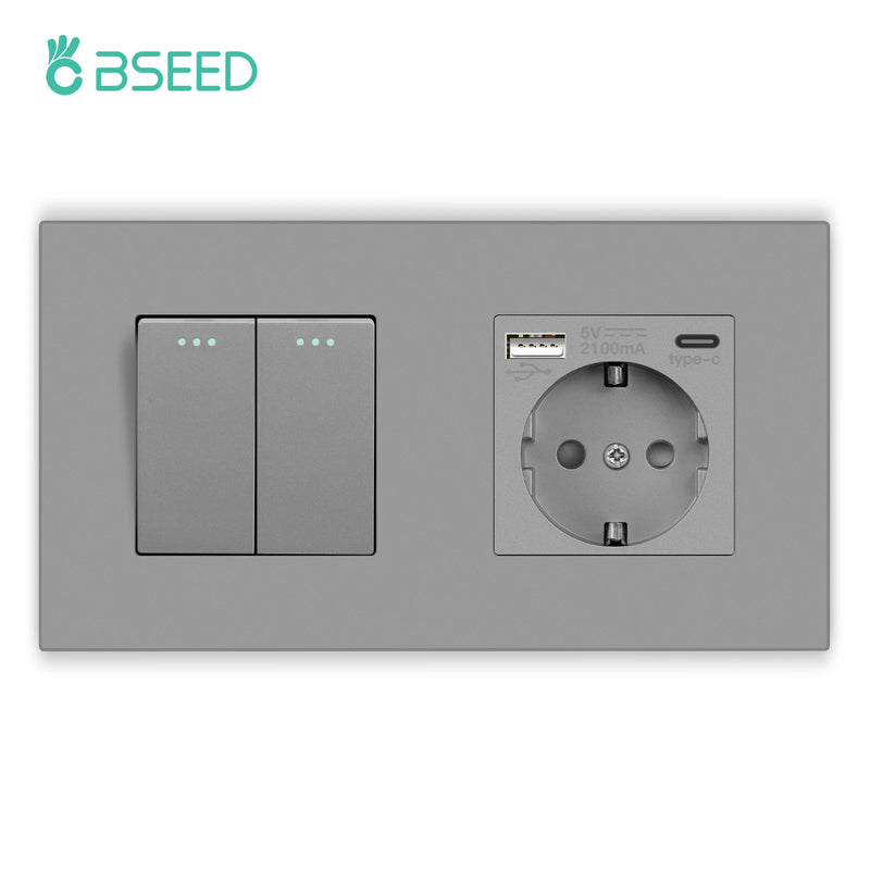 BSEED Mechanical Button Switches With Power Socket 1/2/3Gang 1Way Plastic Panel Electrical Outlets USB Type-C Wall Socket 16A