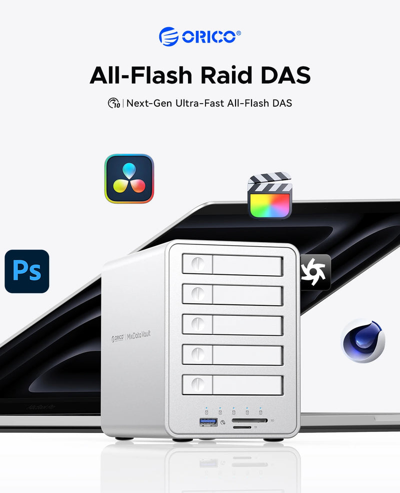 ORICO 2.5" M.2 NGFF SSD 10Gbps All-flash Disk Enclosure With Cooling Fan Multi-raid DAS Solution for Photographer Video Editor