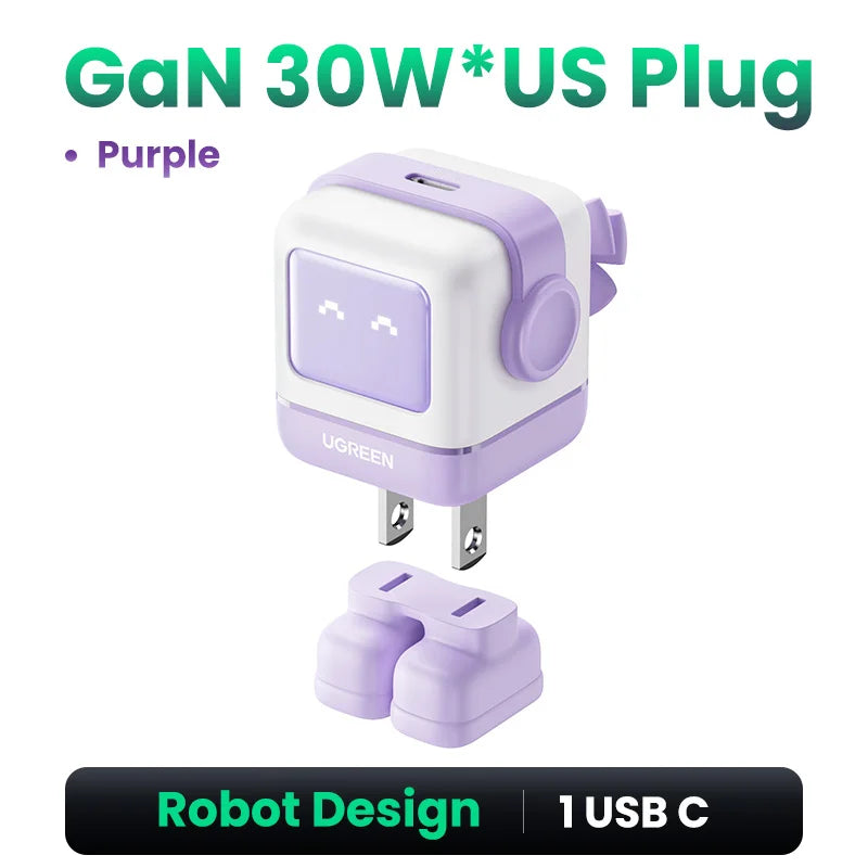 【US Plug】UGREEN 30W 65W GaN Charger Robot Design PD3.0 Fast Charger PPS for iPhone 18 17 Macbook Laptops Samsung XiaomiTablets
