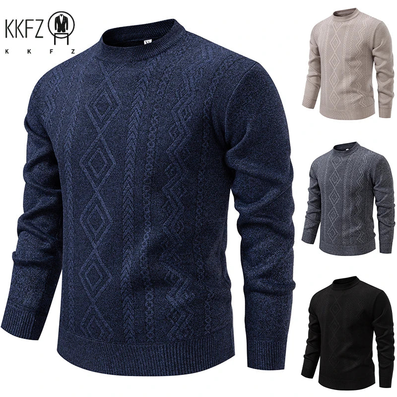 Wind Resistant Men Knitted Sweater Stretch Rib Hem Vertical Twist Jacquard Fleece Lined Office Daily Long Sleeve Top