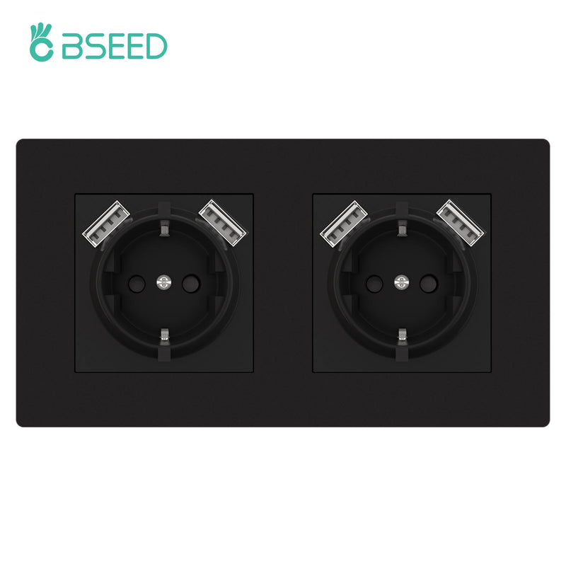 BSEED Single Wall Power Socket Double Type-C USB Phone Charge Port Triple Outlets Black Plastic Panel 16A 110V-240V