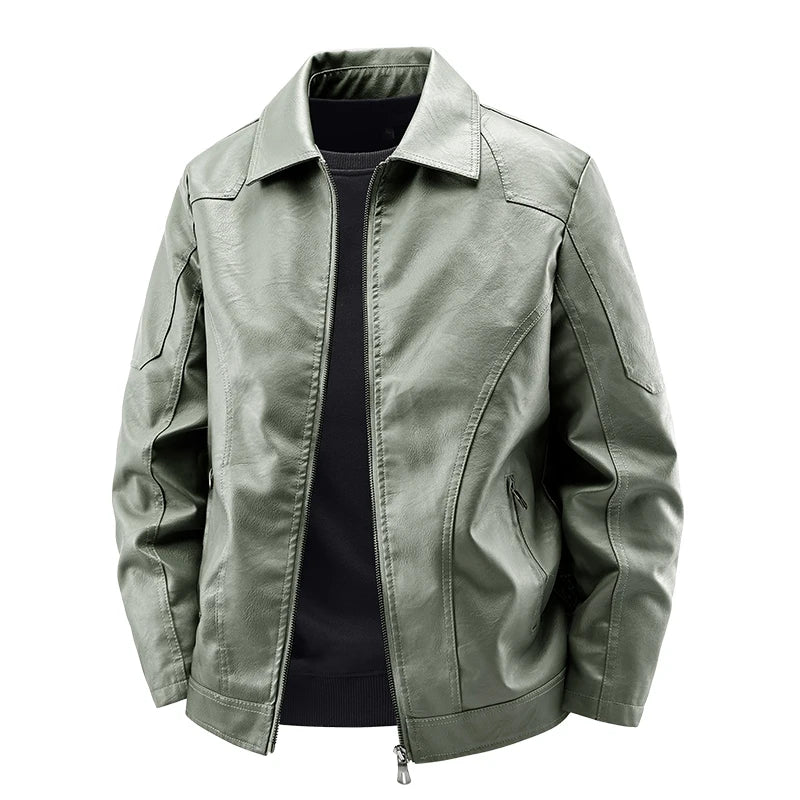 2026 Autumn/Winter Men's Fashionable Leather Jacket, Slim Fit, Lapel Collar, Zipper Front, Casual Style
