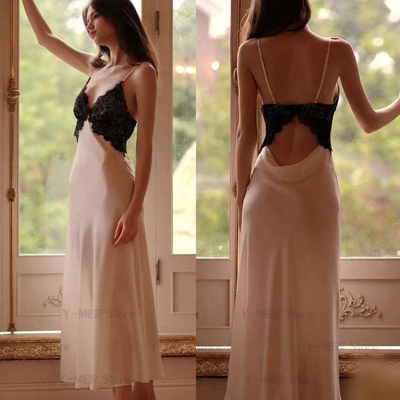 Sexy Chemise Sleepwear Lace Backless Nightdress Ice Silk Pajamas Women Lingerie Long Home Dressing Gown Nightgown Loungewear