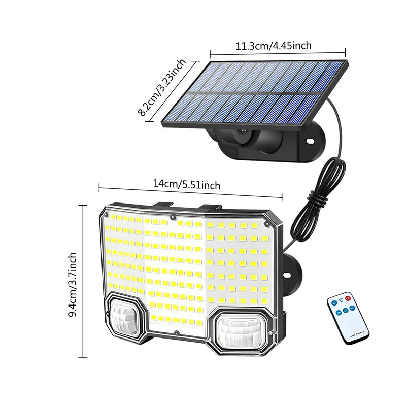 ចង្កៀងជញ្ជាំងសូឡា 144LED ឧបករណ៍ចាប់សញ្ញាចលនា 3 របៀបភ្លើងបំភ្លឺ ចង្កៀងរចនាបំបែកពីចម្ងាយសម្រាប់ភ្លើងបំភ្លឺខាងក្រៅទីធ្លា
