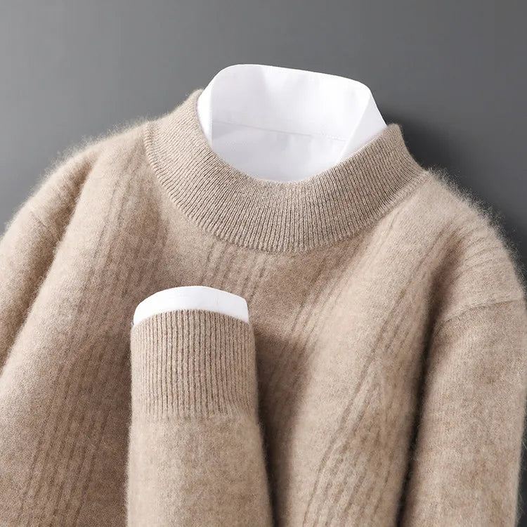 Men's 100% Wool Sweater,  Soft and Warm High-neck Wool Pullover Fine Vertical Stripe