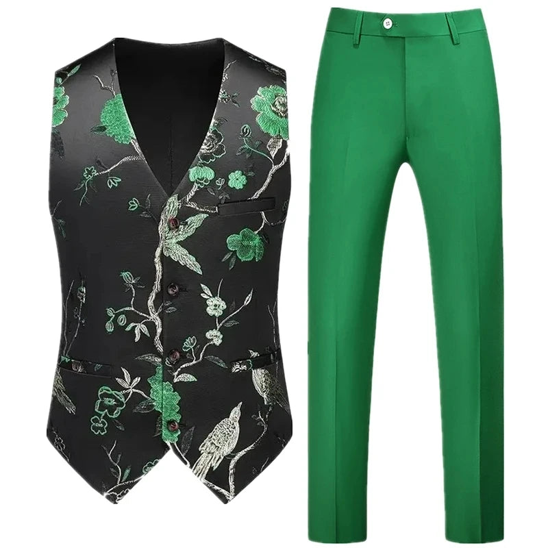 Men's Red Two-Piece Set, Sleeveless V-neck Vest with Trousers, White, Black, Red, Silver, Green,Purple To Choose From!