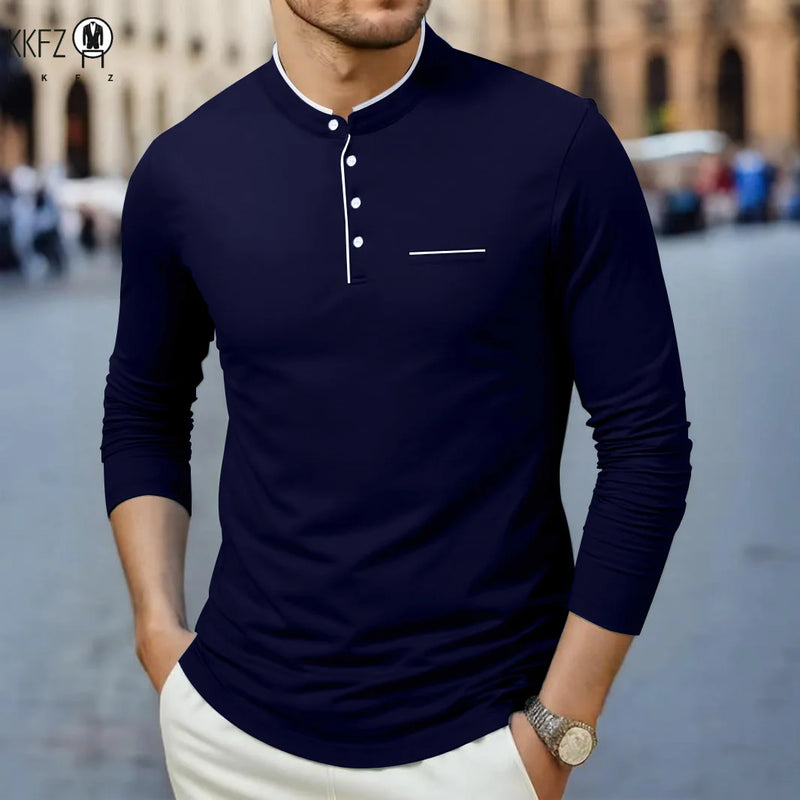 Men's Korean Style Business Casual Long Sleeve T-Shirt Three Button Stand-up Collar Comfortable Versatile Top for Men