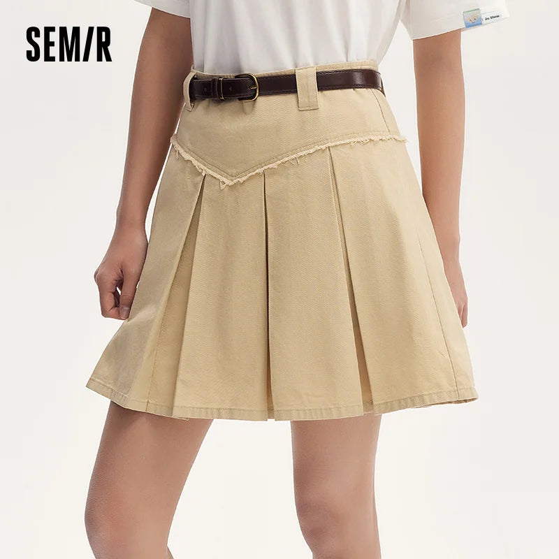 Semir Women's Salt & Sweet Style A-Line Mini Skirt Summer Edgy Raw Hem Pleated Retro Skirt with Belt