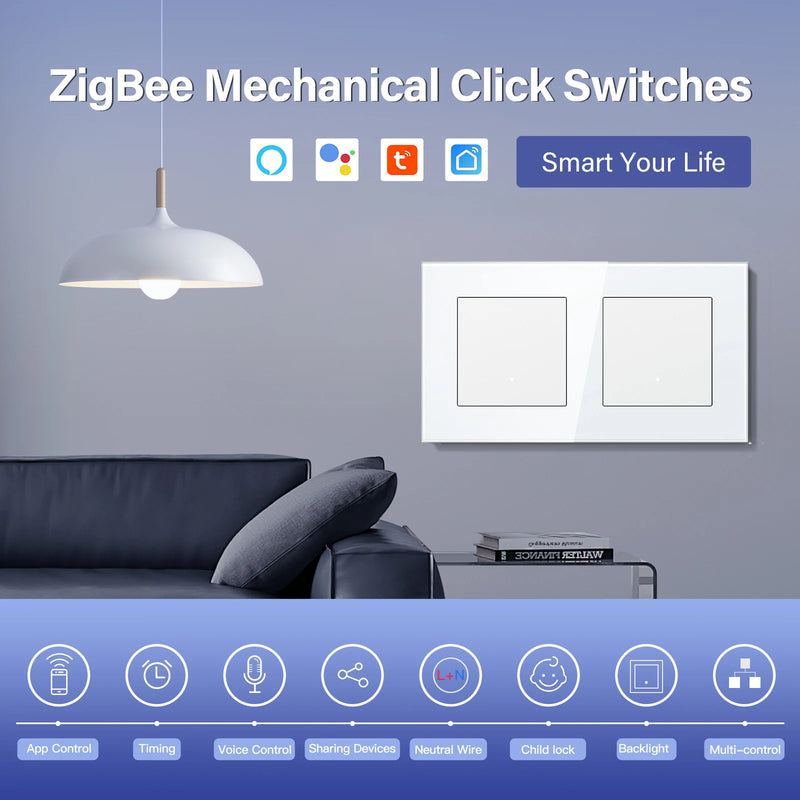 BSEED Zigbee Light Switch 1/2/3Gang 2Way Smart Click Button Switch Glass Panel White LED Indicator Tuya Smart Life Alexa Control
