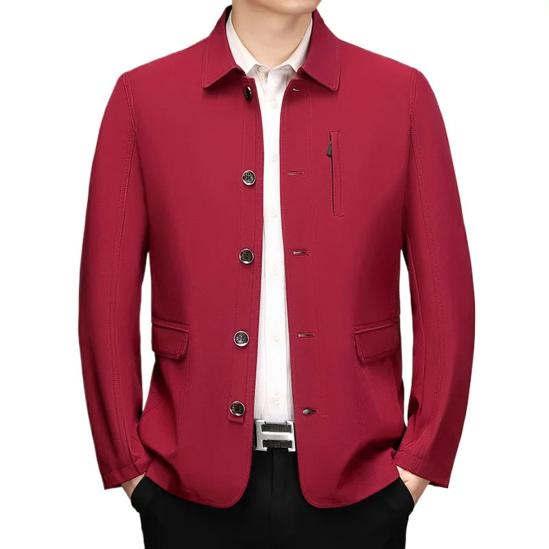 2026 New Men's Red Long-sleeve Collared Jacket, Black Single-breasted Casual Coat, Navy and Khaki Tops.