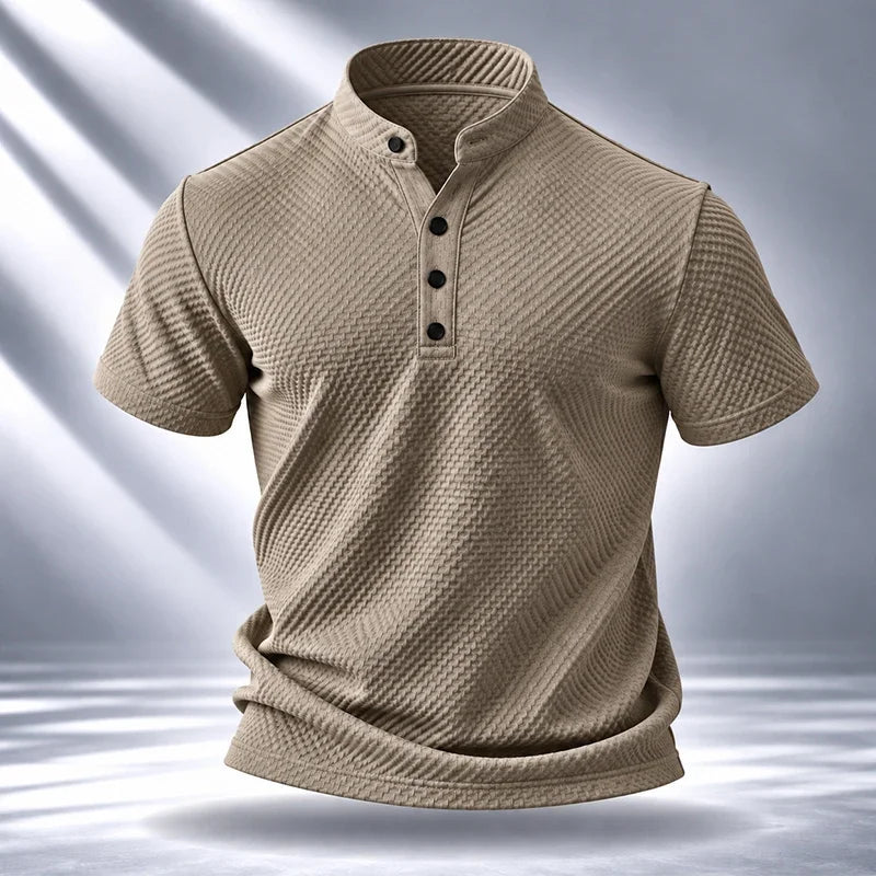 Mens Stand Collar Short Sleeve Shirt Soft Durable Waffle Premium Fabric Suitable For Daily Walking And Light Sports Occasions