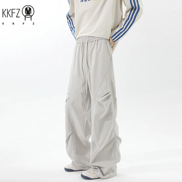 Male Fashion Cargo Pants Elastic Drawstring Waist Pleated Structure Wide Leg Silhouette For Trip Gathering And Street Wear
