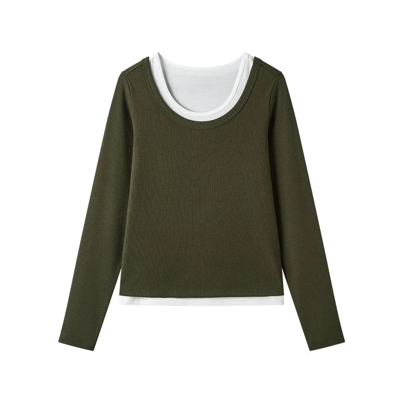Semir Women Tshirt Slim Long Sleeve Patchwork Faux Two Piece Layering Base Top Autumn Casual Style Daily Wear 2026