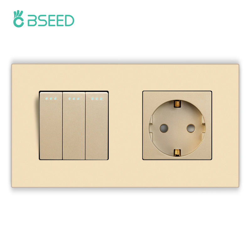 BSEED 1/2/3Gang 1Way Mechanical Light Switch Plus Electrical Outlets Plastic Frame Wall Switch On Off Power Socket