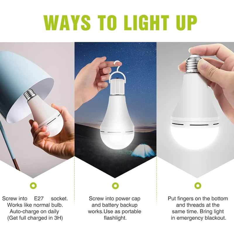 7-12W Rechargeable Emergency Light Bulbs with E27 Base Hanging Hooks Energy-Saving Lights for Outdoor Sports Camping Fishing