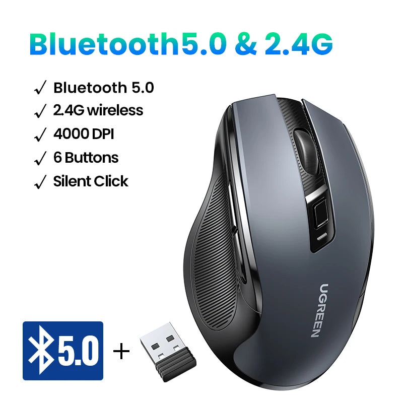 UGREEN Ergonomic Mouse 2.4G Wireless Bluetooth 5.0  4000DPI Silent Mouse  for PC MacBook Tablet Laptop Mouse