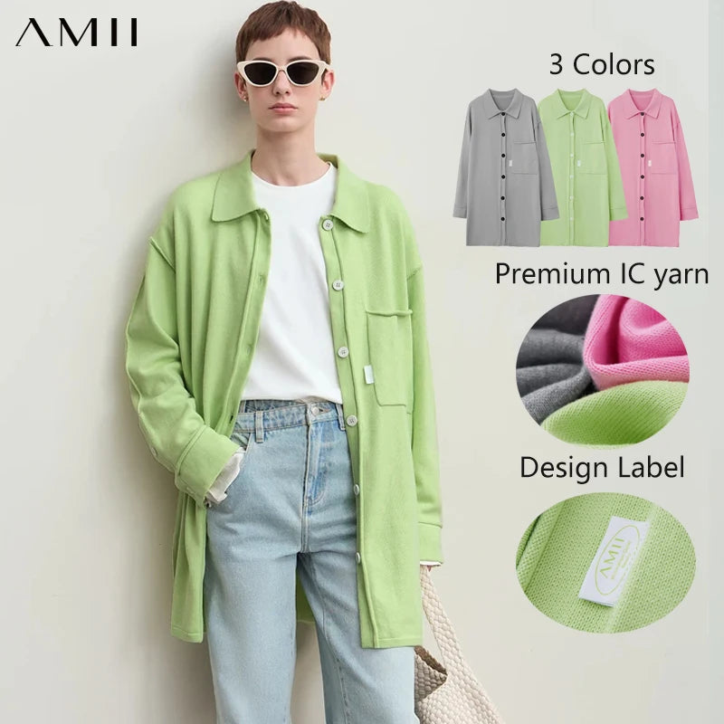 អាវក្រៅ Amii Minimalism រដូវស្លឹកឈើជ្រុះឆ្នាំ ២០២៤ សម្រាប់ស្ត្រី Lapel Drop Shoulder Shirt អាវប៉ាក់វែងរលុងសម្រាប់ Streetwear អាវយឺតនារី 12453071