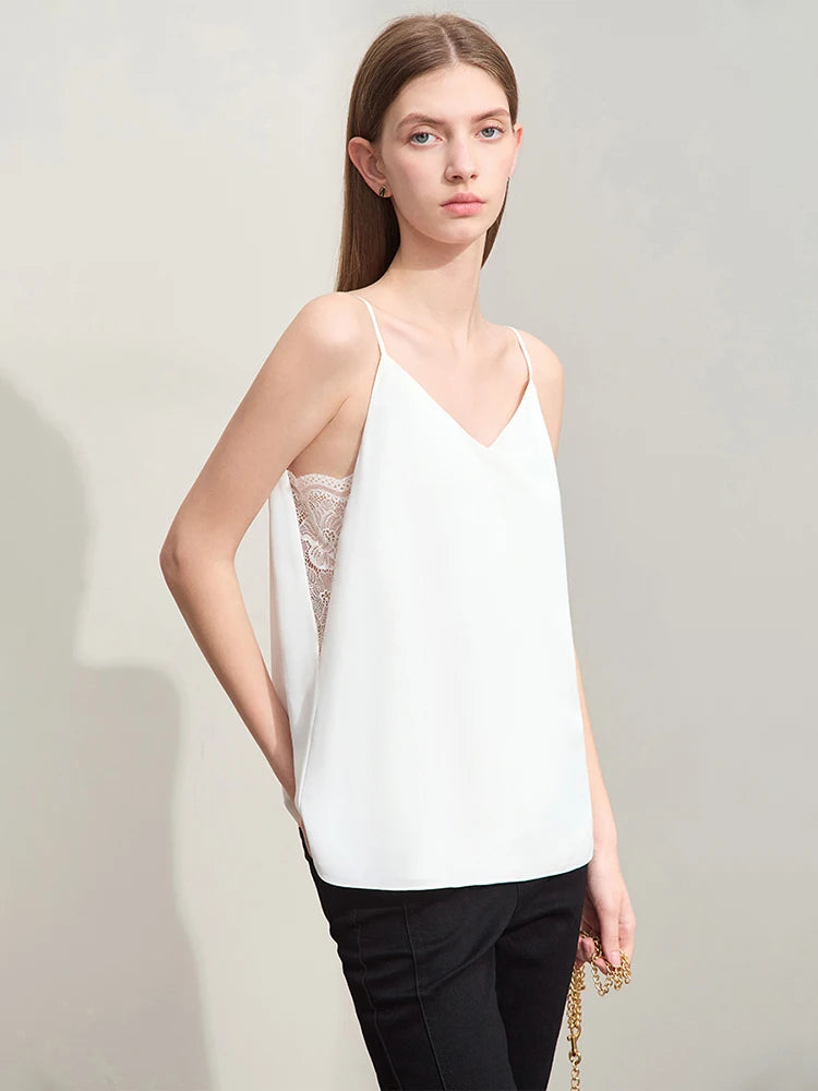 Amii Women's Camisole 2026 Summer New V-Neck Chiffon Spaghetti Strap Tank Lace Patchwork Romantic Sleeveless Top Women 12442026