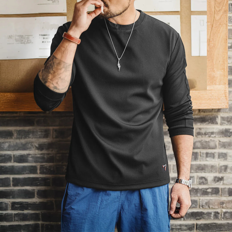 Maden Men‘s Basic Solid Color Long Sleeve T-shirt Crew Neck Sweatshirt Knit Casual Pullover for Spring and Autumn Layering Top