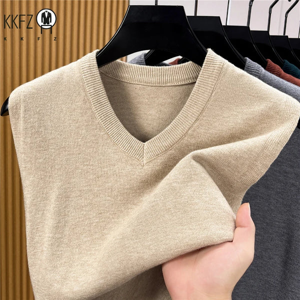 Fall Mens V Neck Knitted Waistcoat Sleeveless Sweater Vest Comfortable Knit Top For Business Daily Outfit Matching