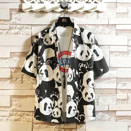 2026 Men's Blue Short-sleeved Shirt, Summer Cotton Shirts, White Yellow Single Breasted Lapel Top Chemise Giant Panda Pattern