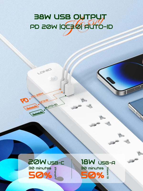 ឌុយភ្លើង LDNIO 2500W មានរន្ធដោត AC ចំនួន 5 និងរន្ធសាកថ្ម USB ចំនួន 3 ខ្សែបន្ថែម 2 ម៉ែត្រ សម្រាប់ផ្ទះបាយ ប្រើប្រាស់ក្នុងផ្ទះ ប្រើប្រាស់ជាមួយឌុយ EU UK US