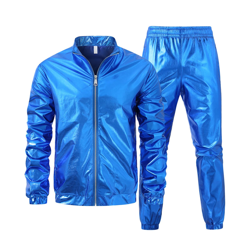 Gold Men's Stage Performance,Shiny Loose Long Sleeve Top With Long Pants,Silver Fashion Casual Suit