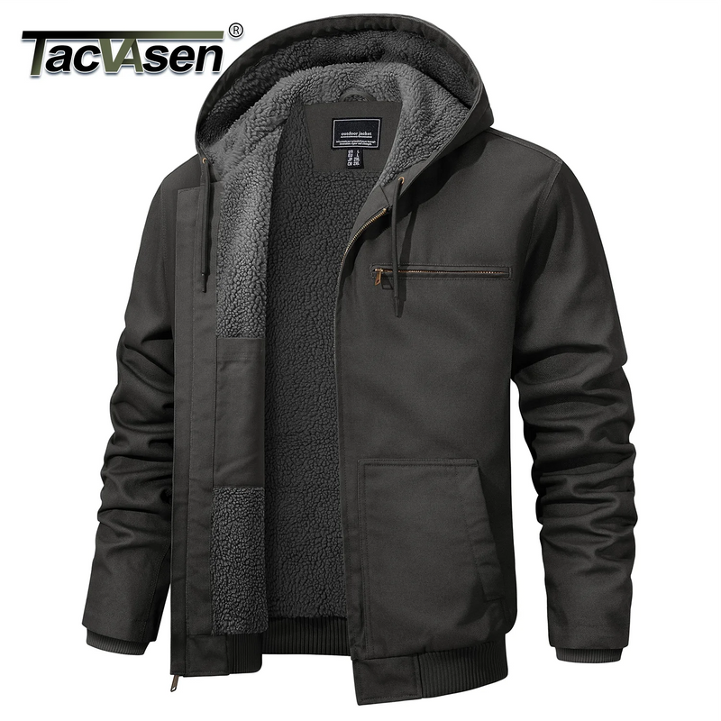 TACVASEN Men's Hooded Work Sherpa Insulated Jacket Winter Fleece Lined Duck Heavy Duty Canva Cotton Coat with Hoodie Waterproof