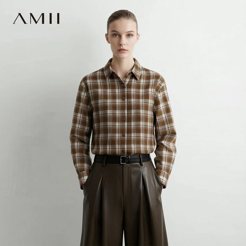 Amii Plaid Women's Shirt 2026 Autumn New Lapel Collar Drop Shoulder Long Sleeve Blouse Loose Fit Casual Top For Women 12643016