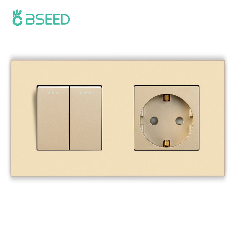 BSEED 1/2/3Gang 1Way Mechanical Light Switch Plus Electrical Outlets Plastic Frame Wall Switch On Off Power Socket