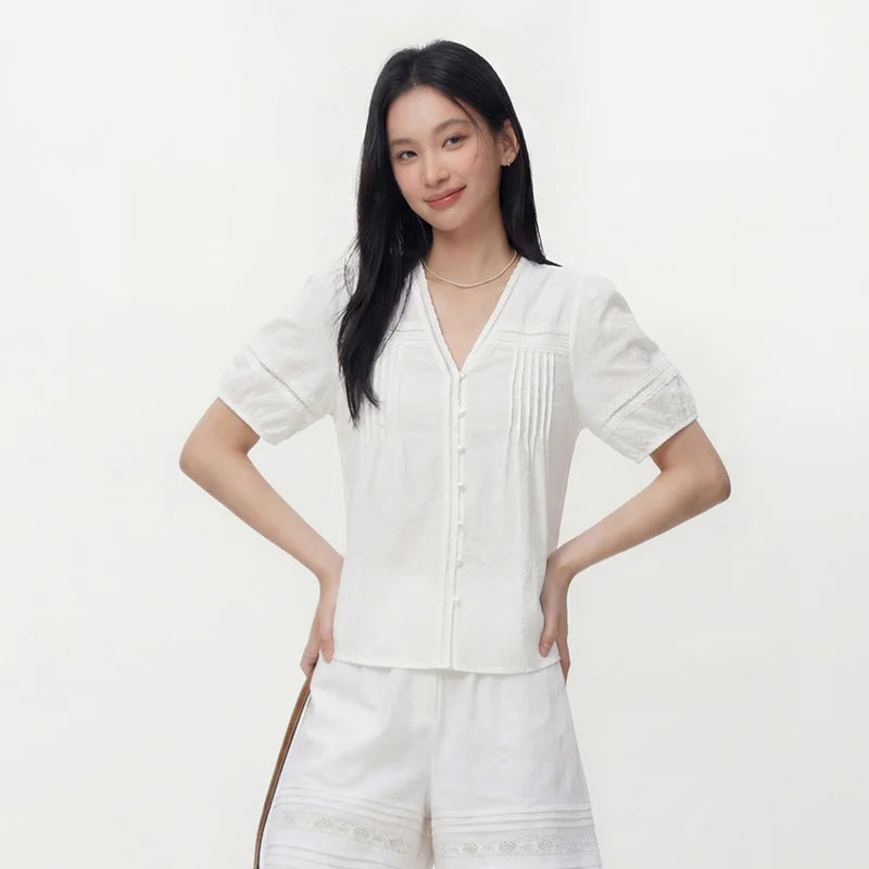 Semir Womens Shirt 2026 White Texture Puff Sleeve Ruffle V Neck Sweet Fashion Design Casual