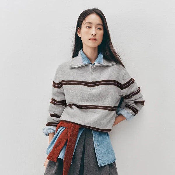 អាវយឺត Semir សម្រាប់នារី លំនាំឆ្នូត ពាក់កណ្ដាលហ្ស៊ីប រលុង ស្ទីលបែប Retro ទន់ ពាក់ជាស្រទាប់ៗសម្រាប់រដូវរងា ឆ្នាំ២០២៦ ស្លៀកជាប្រចាំថ្ងៃ ពាក់ជាស្រទាប់ៗ ក្តៅៗ