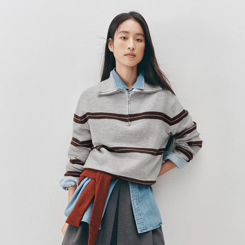 Semir Women Sweater Stripe Pattern Half Zip Loose Fit Retro Style Soft Touch 2026 Winter Layering Wear Warm Knit Everyday Style