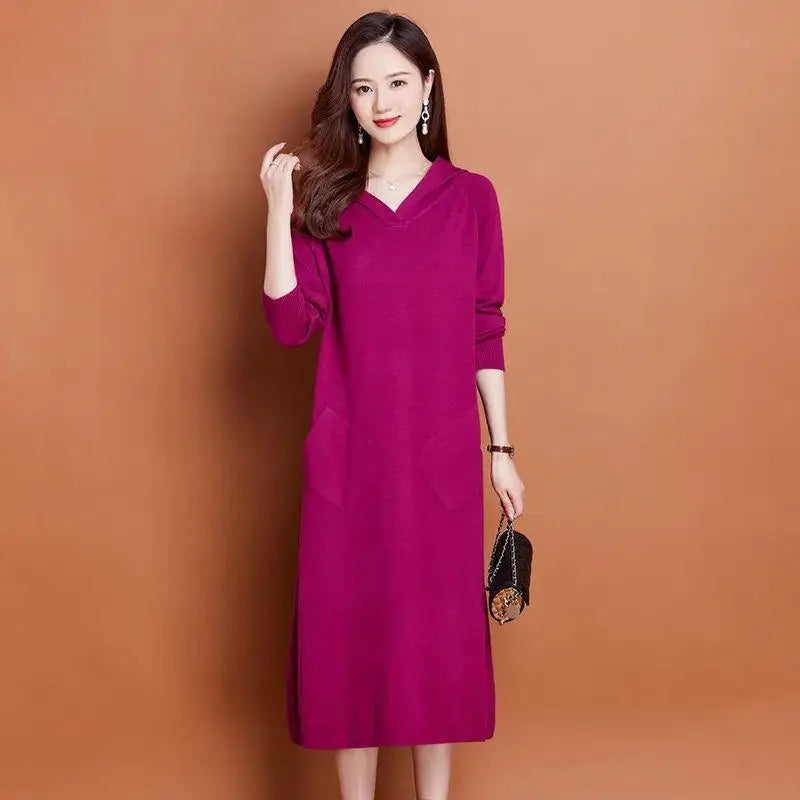 Hooded Long Sleeve Dress New Knit Woolen Jersey For Women Spring Autumn Pullovers Sweater Casual Middle Aged Mother's Jumper